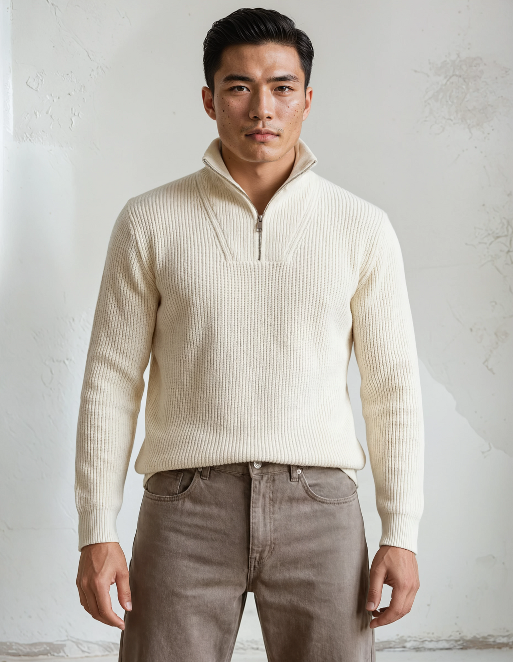 Luxe Élan Half-Zip Knit – Zacht Gebreid Ecru
