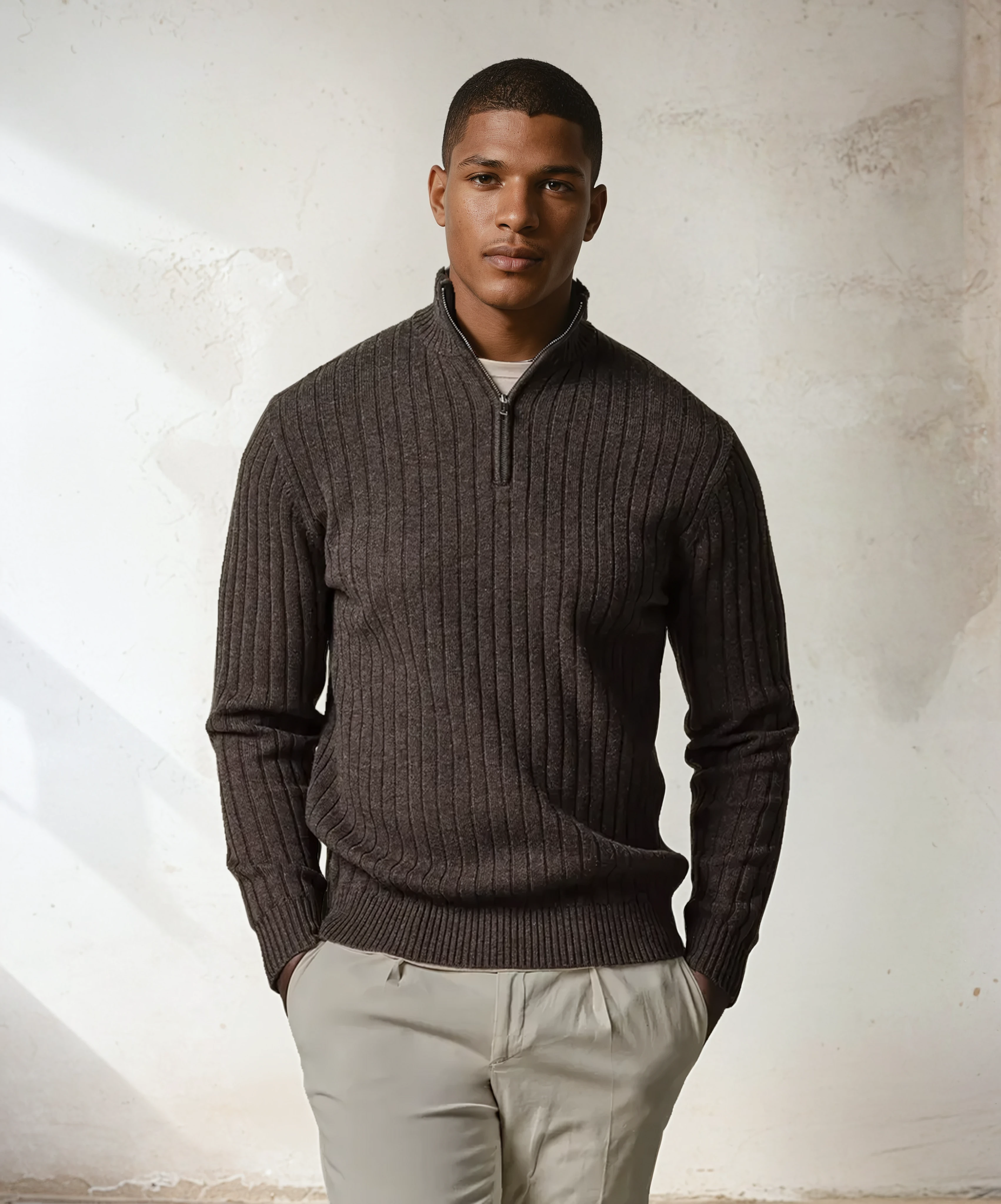Bruine Wol Blend rib Half zip