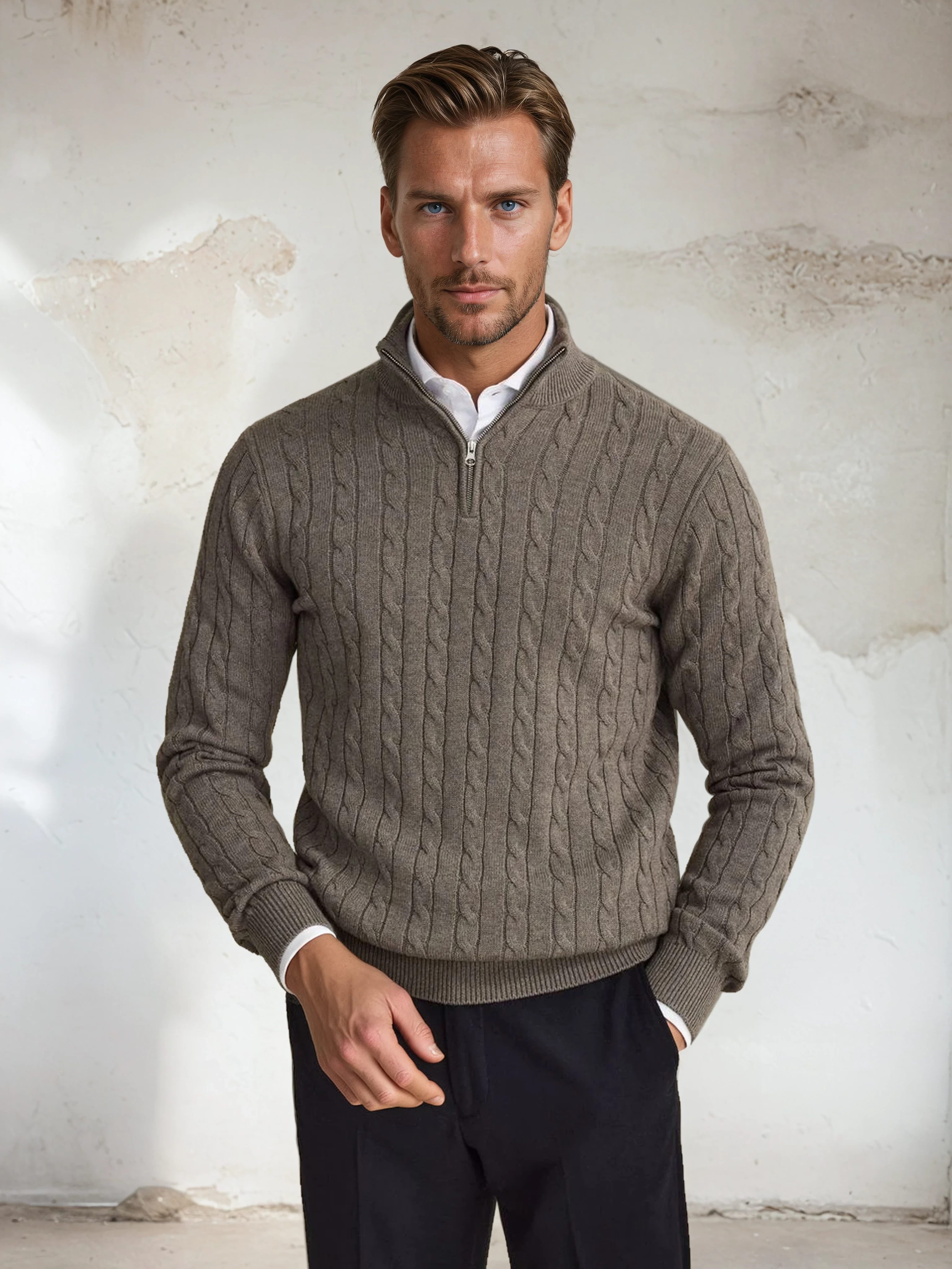 Donker Taupe Half Zip Trui Regular Fit