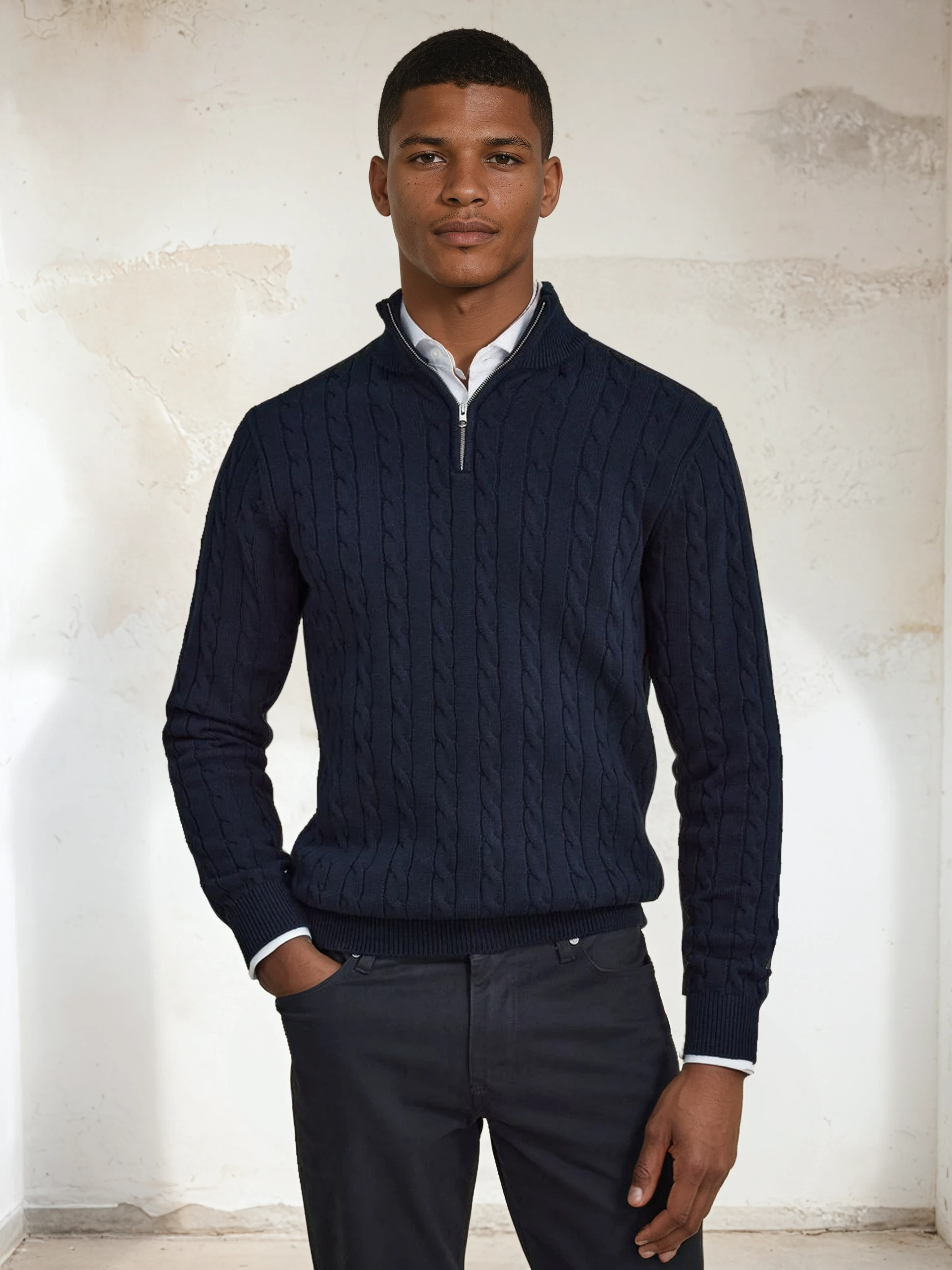 Donkerblauw half-zip trui
